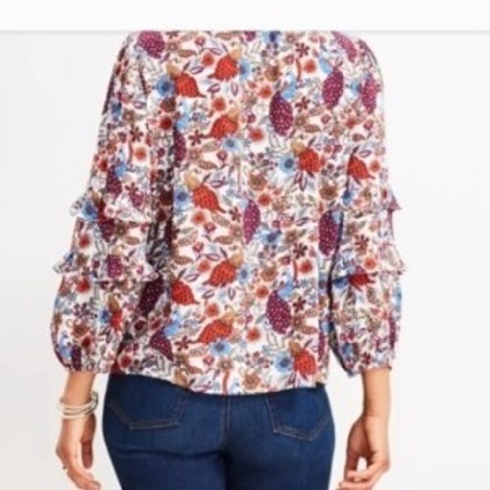 LOFT Women's Floral Print Ruffled Sleeve Mock Neck Peacock Blouse XL